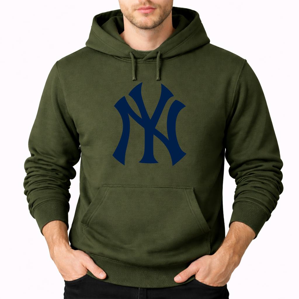 Army Green New York Yankees pullover hoodie - model wearing view
