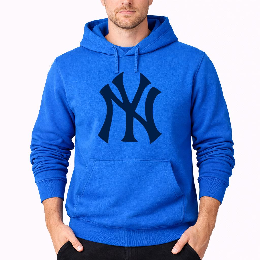 Azure New York Yankees pullover hoodie - model wearing view