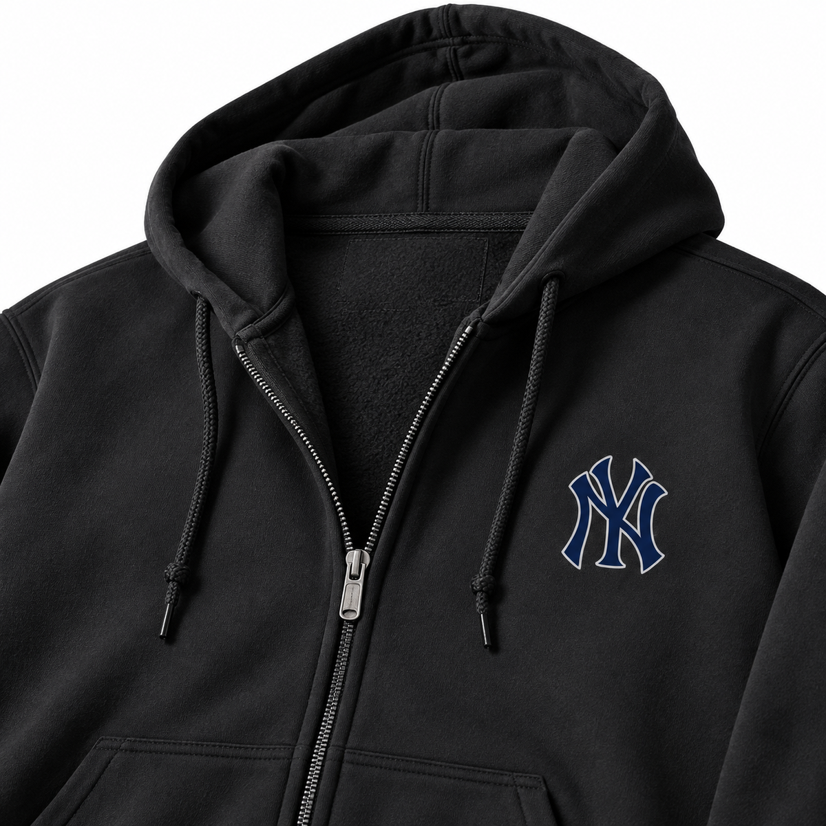 Black New York Yankees zipper hoodie - DTF print zipper fleece close-up