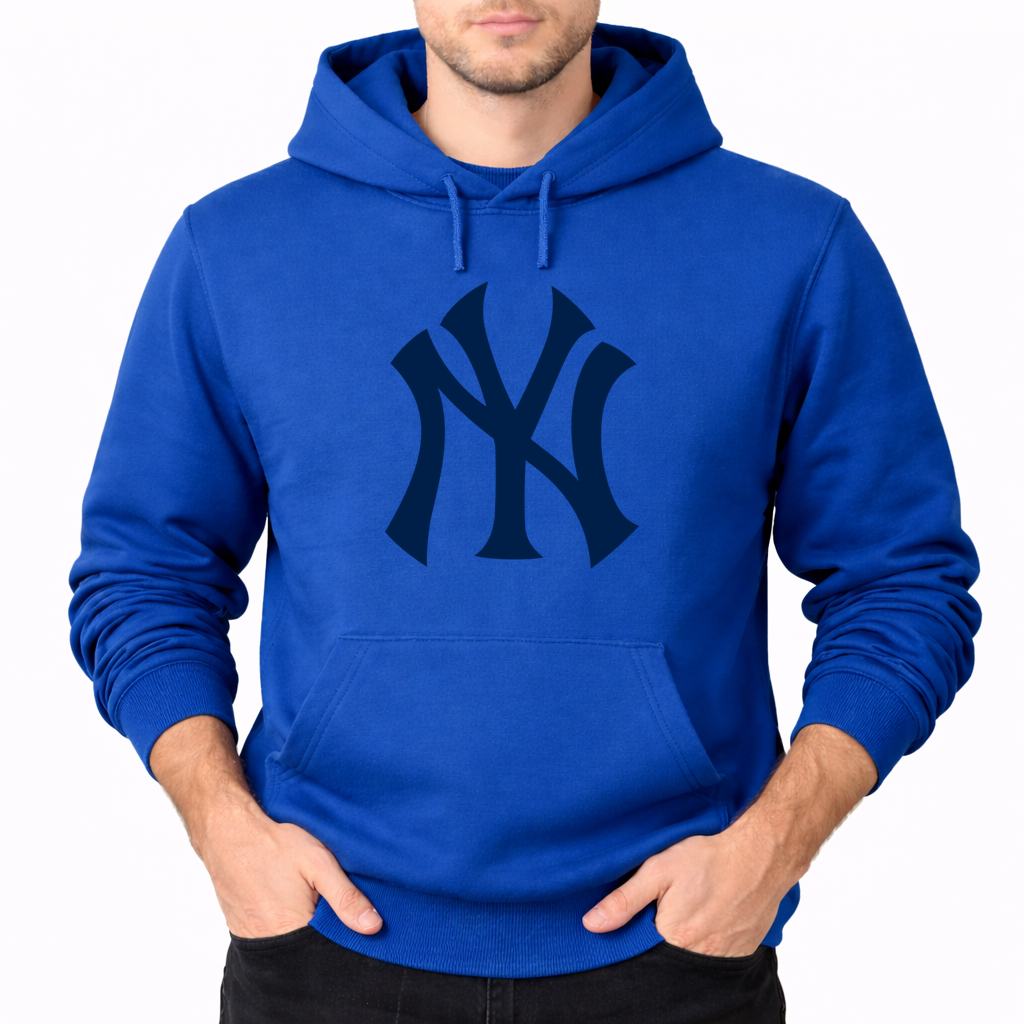 Blue New York Yankees pullover hoodie - model wearing view