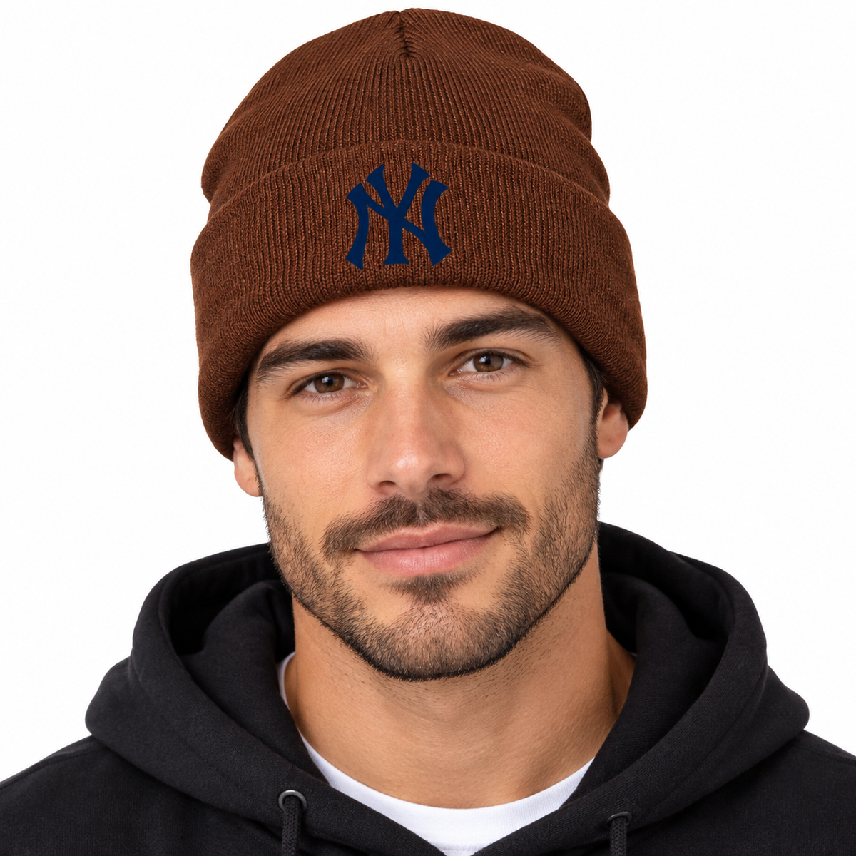 Brown New York Yankees beanie hat - model wearing view