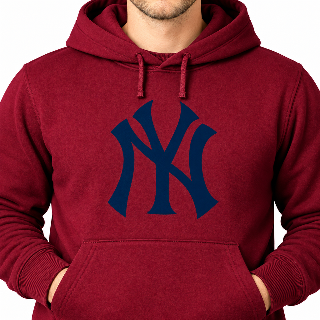 Burgundy New York Yankees pullover hoodie - DTF print close-up