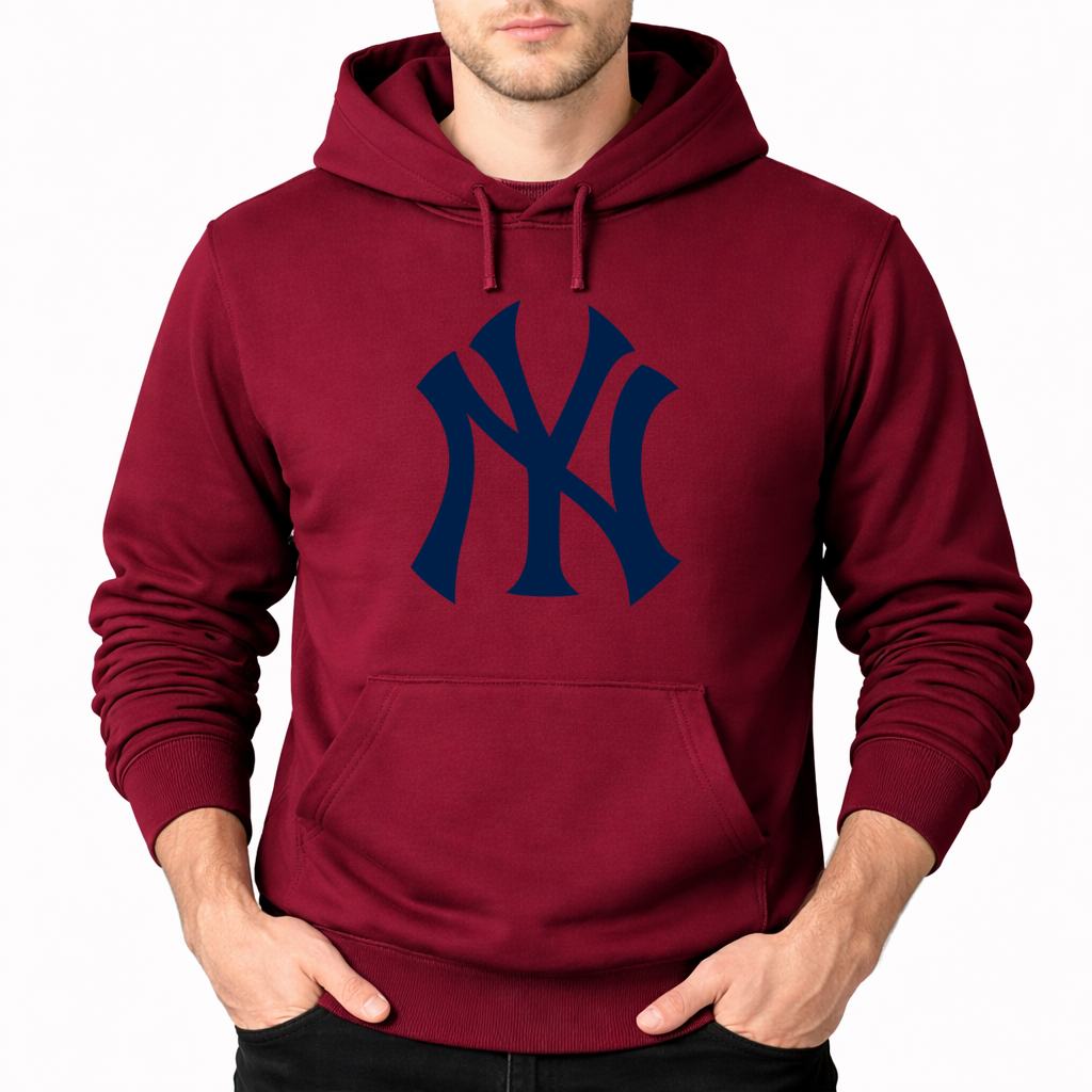 Burgundy New York Yankees pullover hoodie - model wearing view