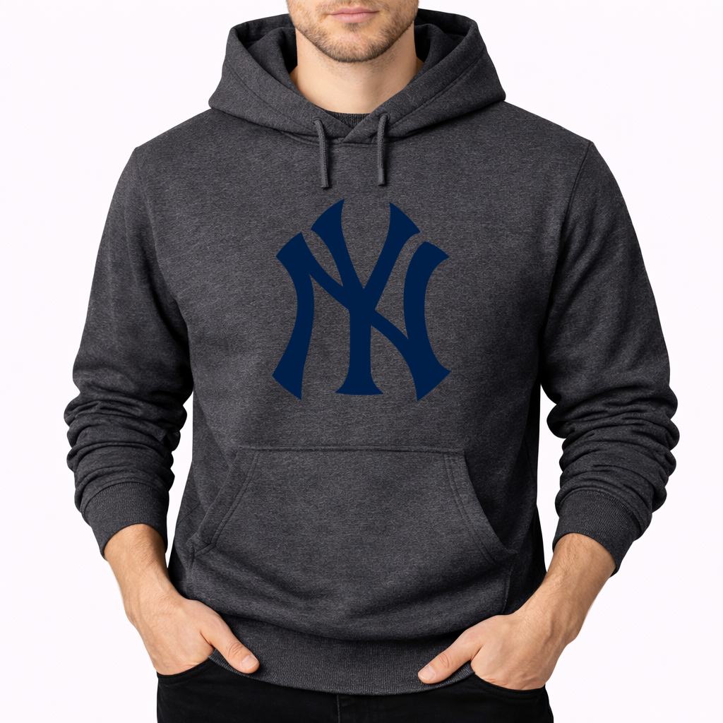 Charcoal New York Yankees pullover hoodie - model wearing view