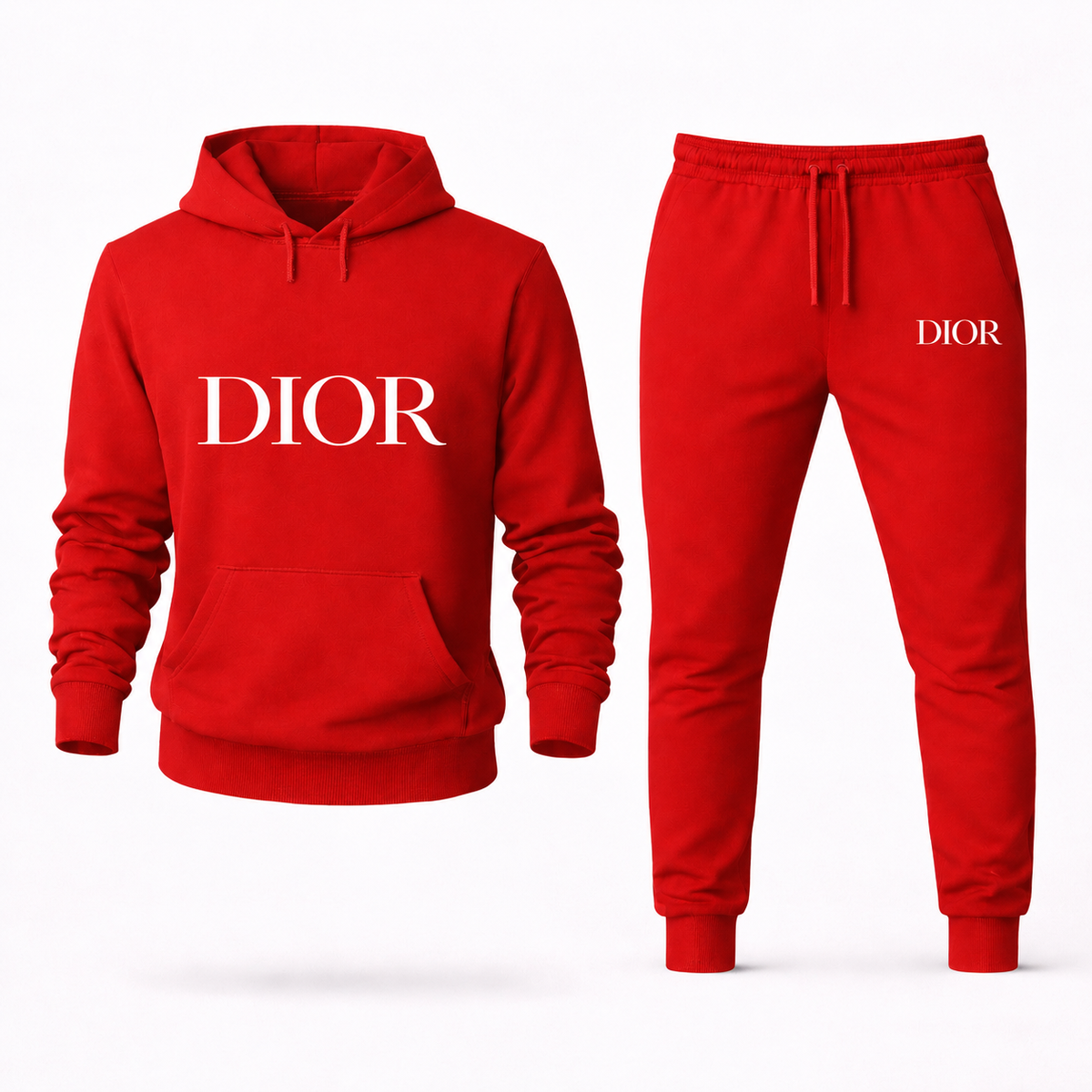 Unisex Dior Hoodie and Joggers Set in Red with white DIOR lettering