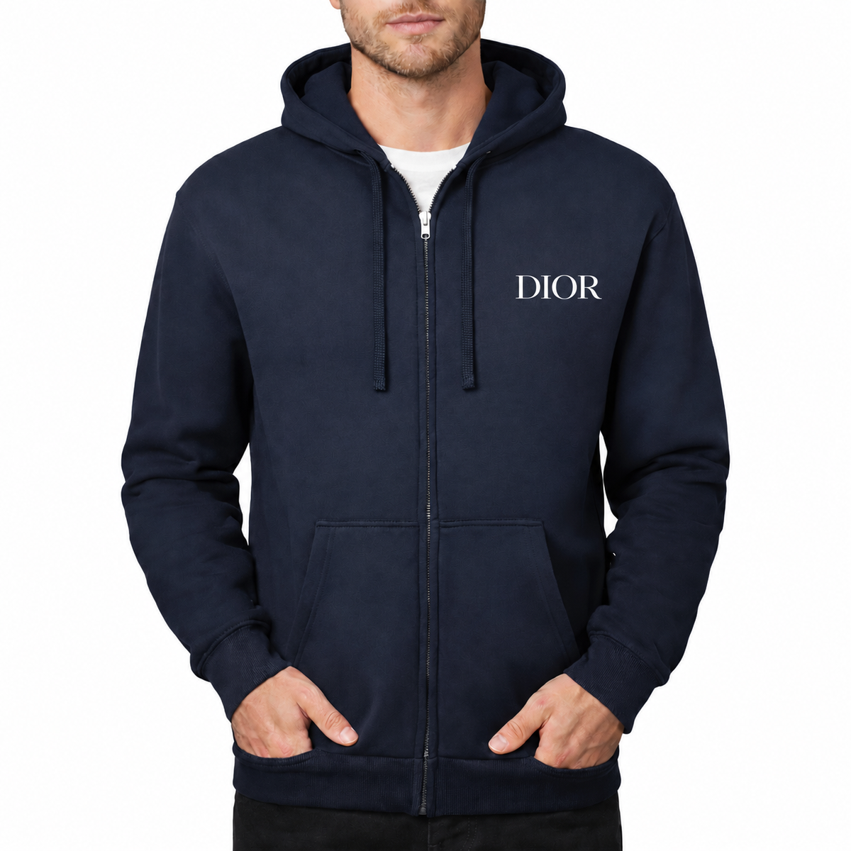 Men's Dior Zipper Hoodie in Navy with white DIOR lettering