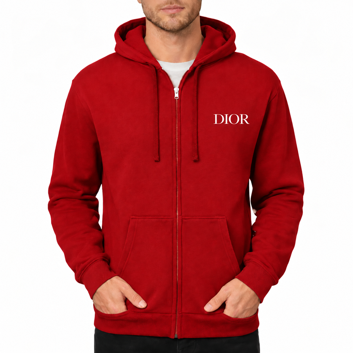Men's Dior Zipper Hoodie in Red with white DIOR lettering