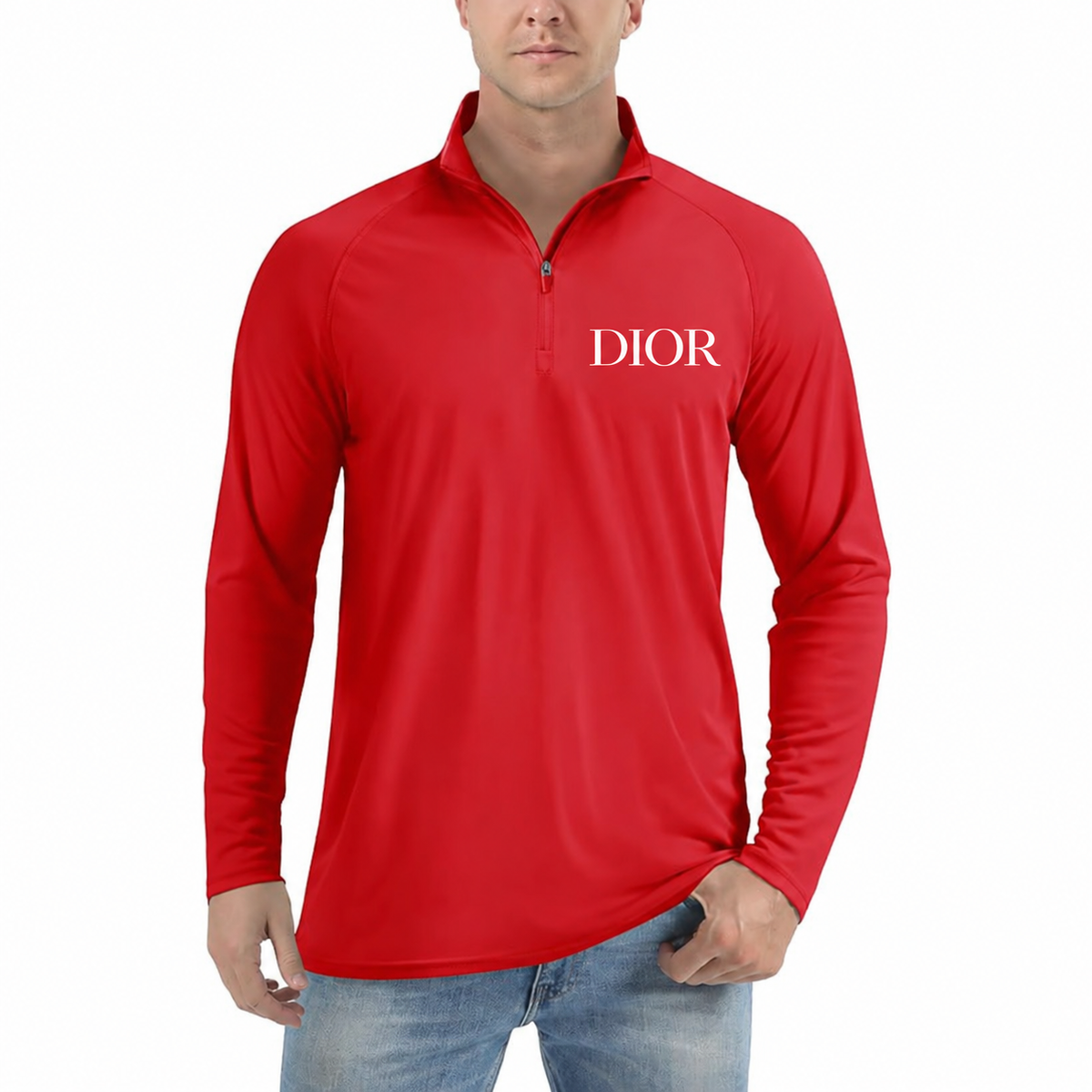 Men's Dior Lightweight Quarter-Zip Athletic Shirt Long Sleeve Performance Wear in Red with white DIOR lettering