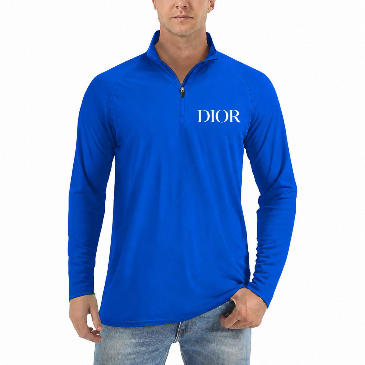 Men's Dior Lightweight Quarter-Zip Athletic Shirt Long Sleeve Performance Wear in Royal Blue with white DIOR lettering