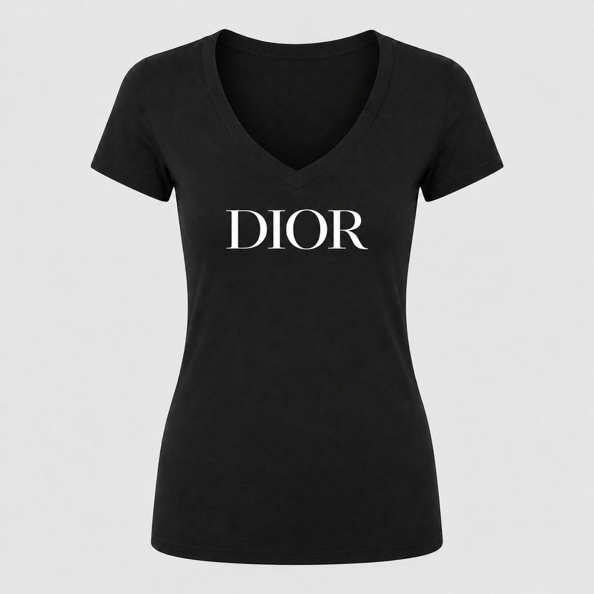 Women's Dior V-Neck T-Shirt in Black with white DIOR lettering