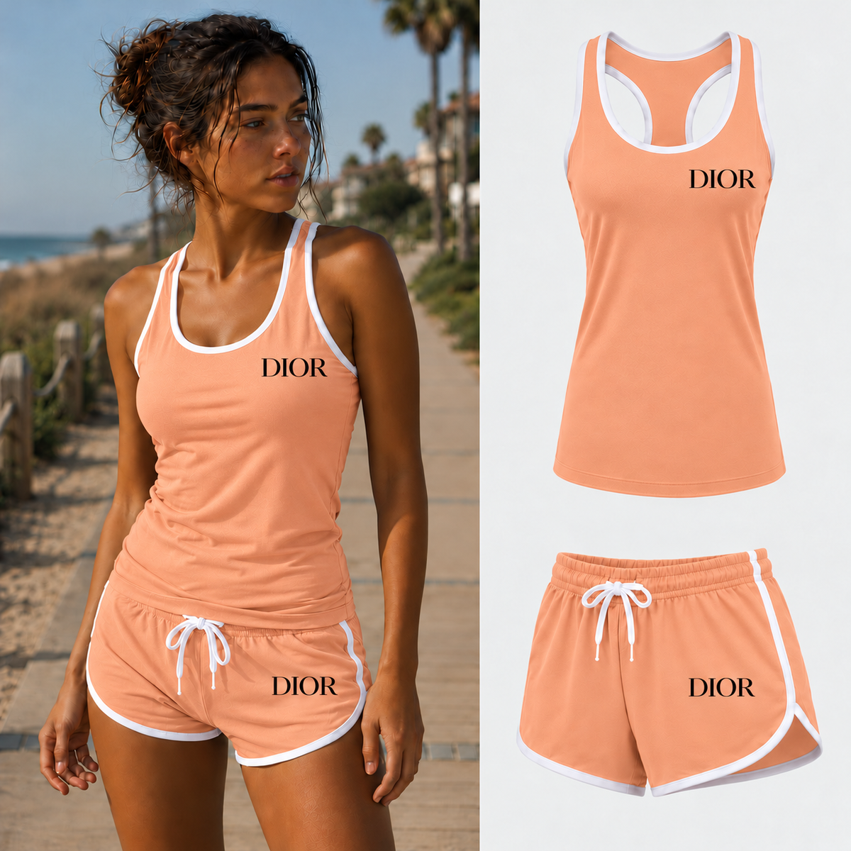 Women's Dior Tank Top and Shorts Set, Peach