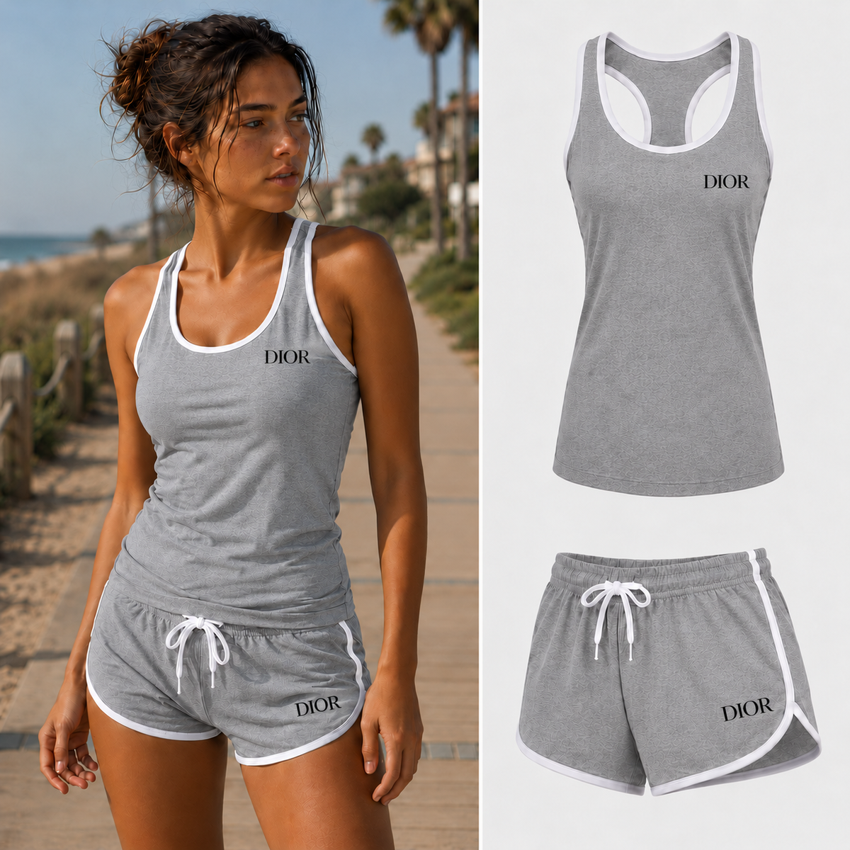 Women's black DIOR design tank top and shorts set, Gray