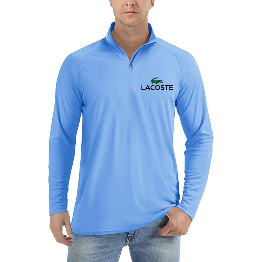 Lacoste logo quarter-zip athletic shirt in Light Blue