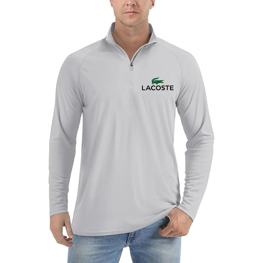 Lacoste logo quarter-zip athletic shirt in Light Gray
