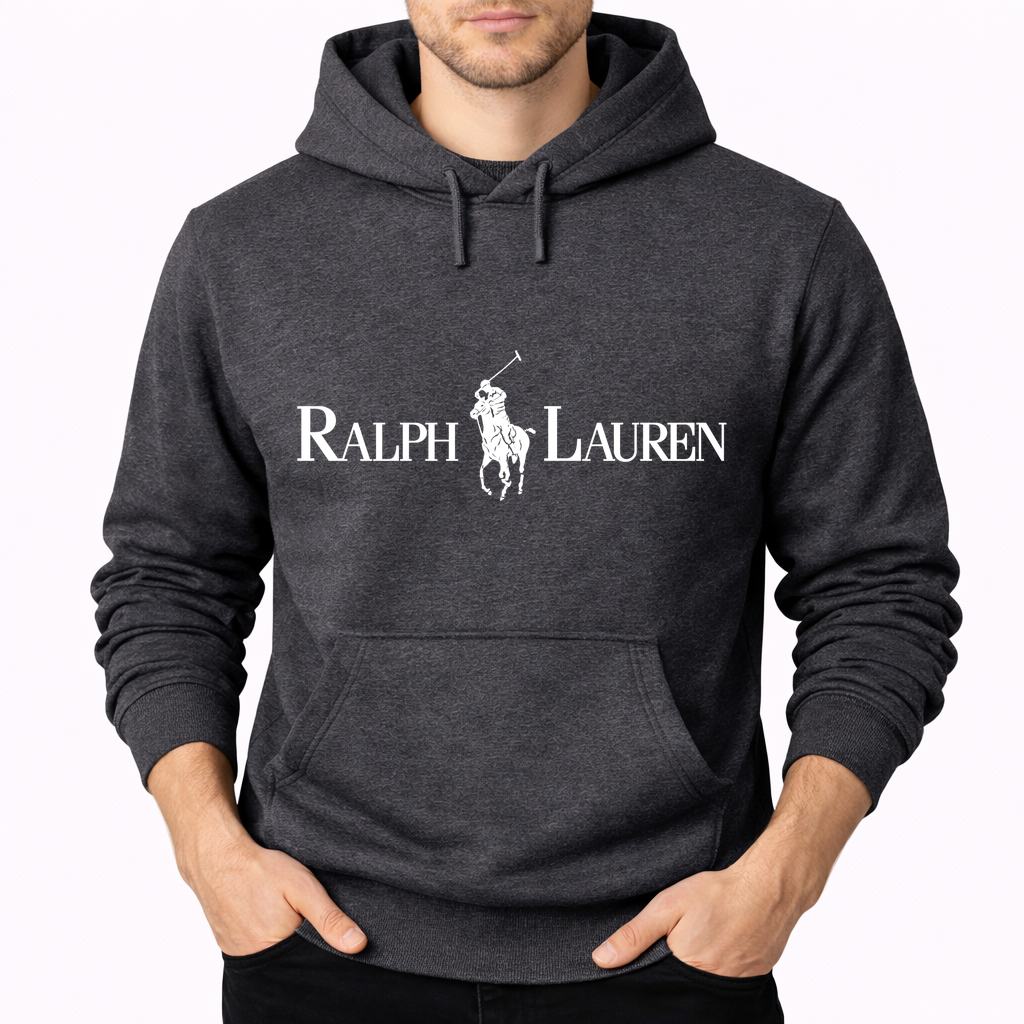 Men's Polo Ralph Lauren White Logo Pullover Hoodie - Charcoal