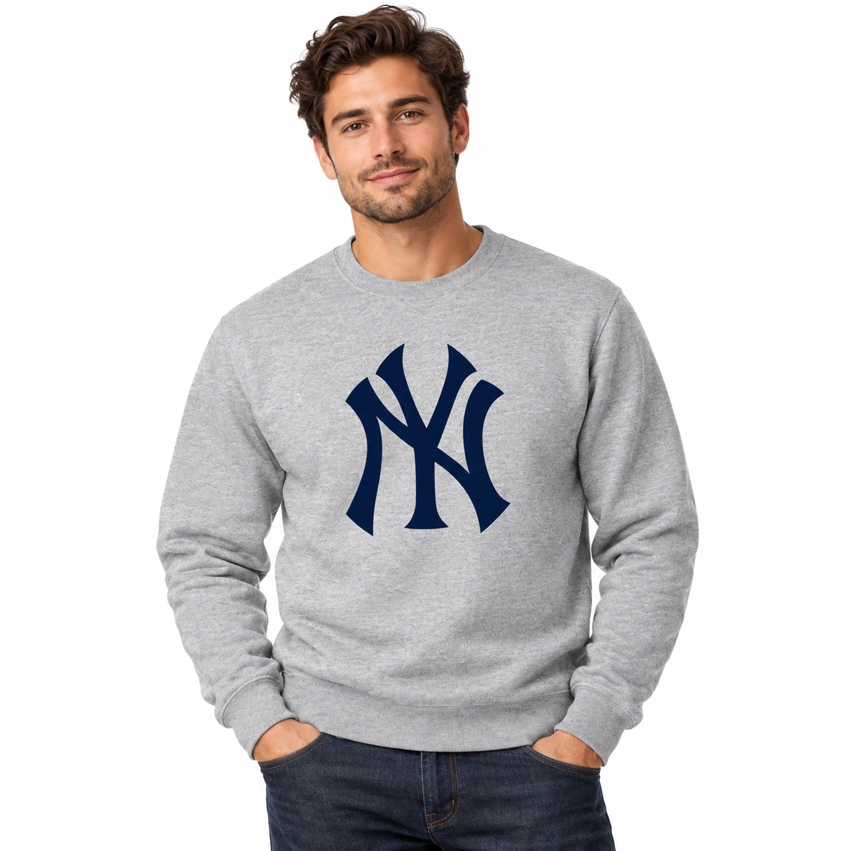 Gray New York Yankees crewneck sweatshirt - model wearing view