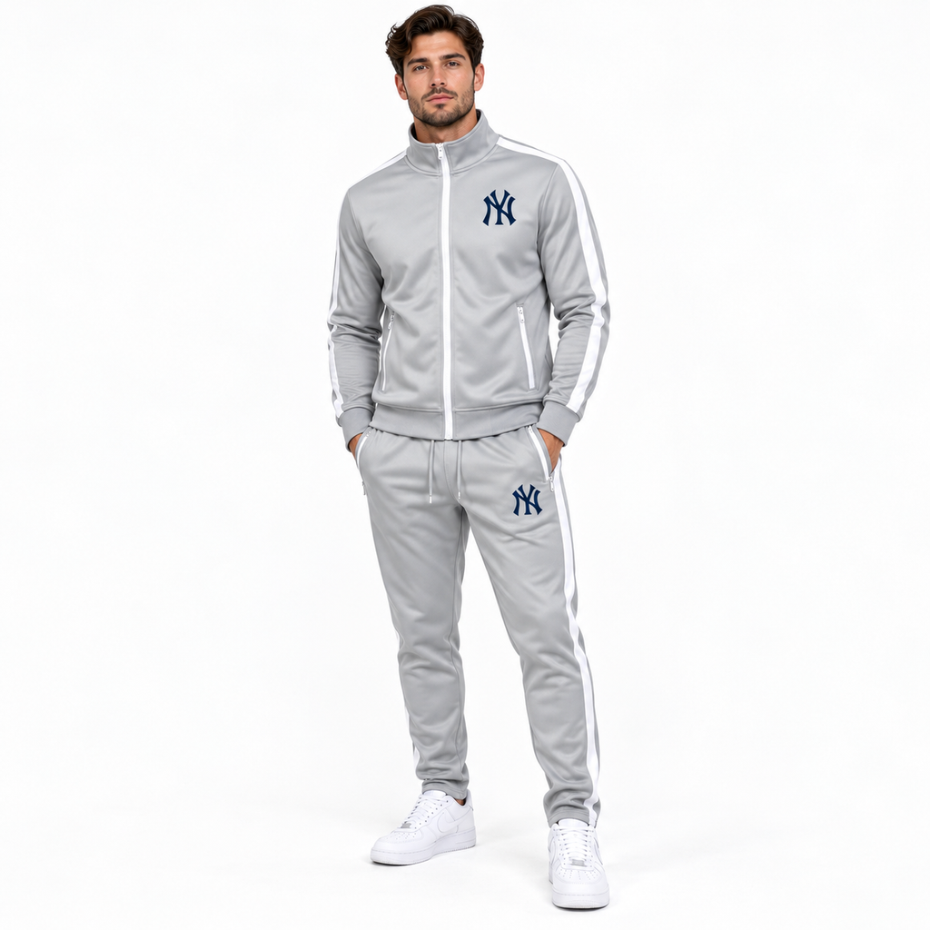 Gray New York Yankees dri-fit tracksuit - model wearing view