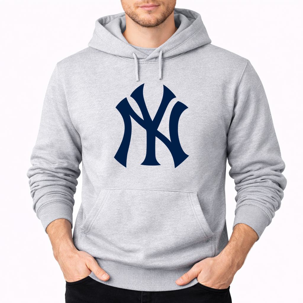 Gray New York Yankees pullover hoodie - model wearing view