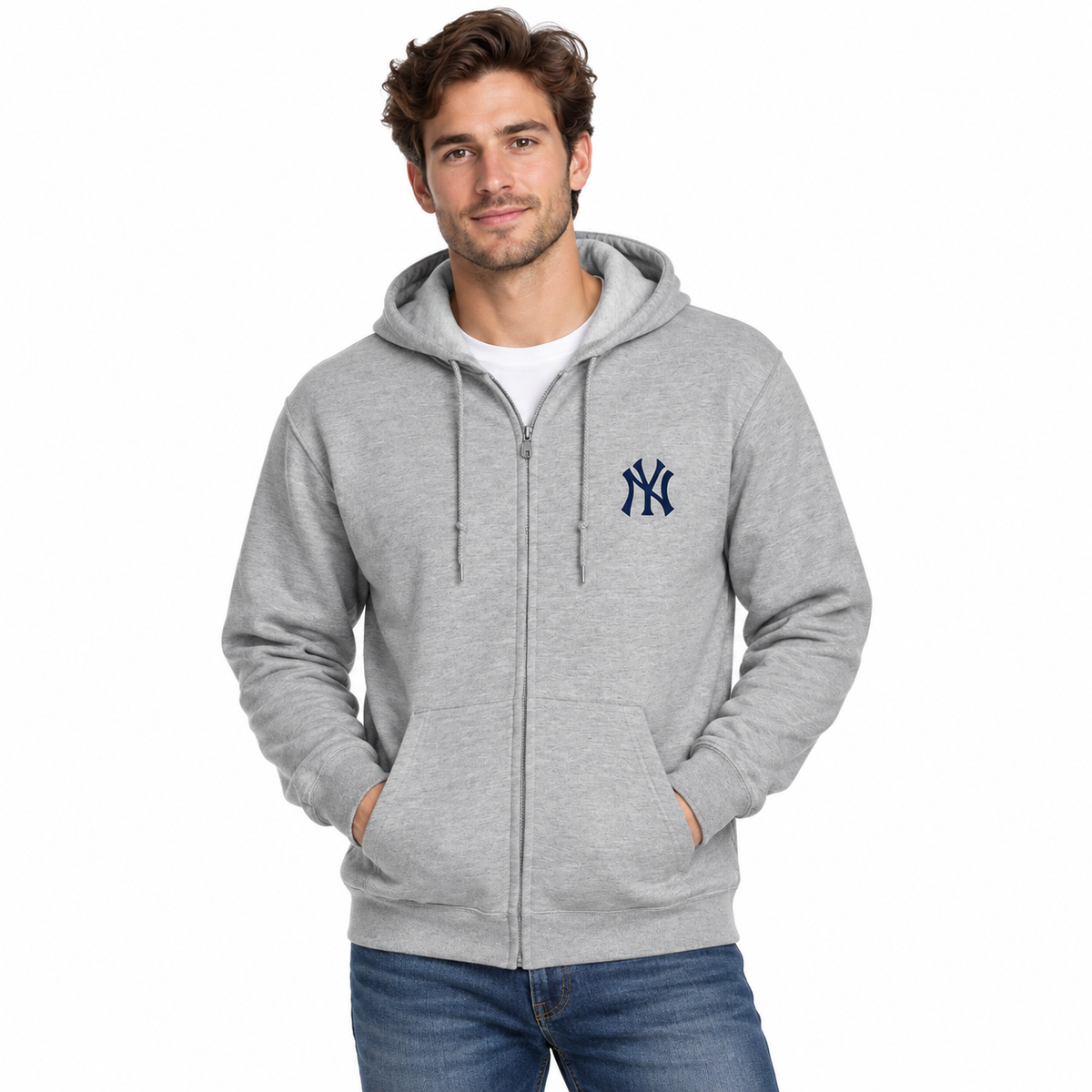 Grey New York Yankees zipper hoodie - model wearing view