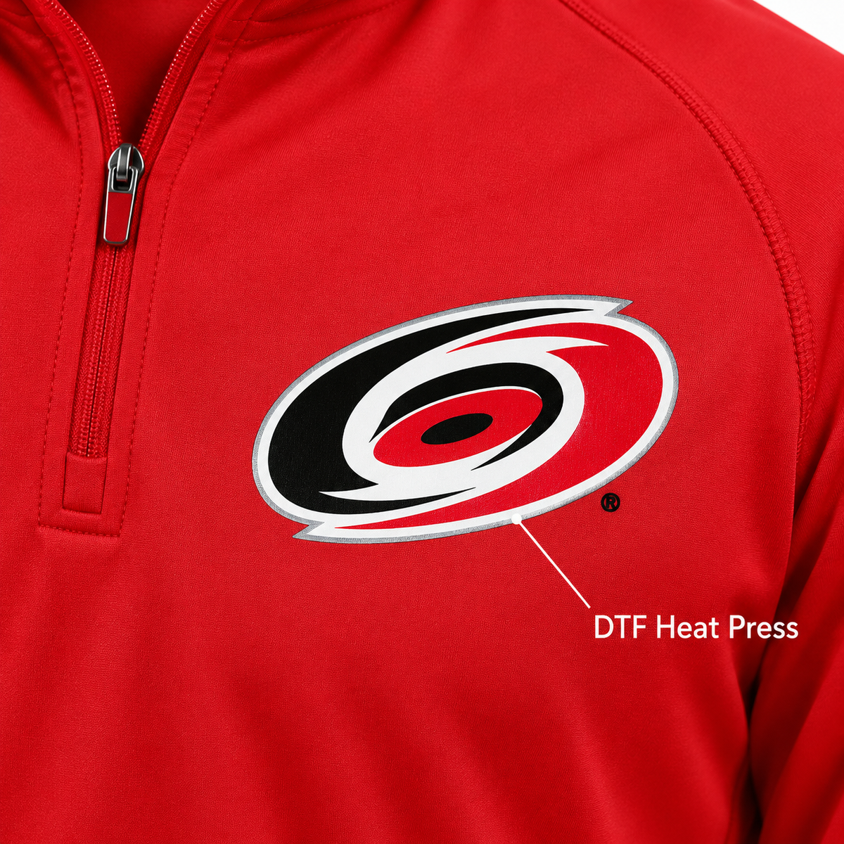 Red - DTF Heat Press Detail - Carolina Hurricanes Quarter-Zip