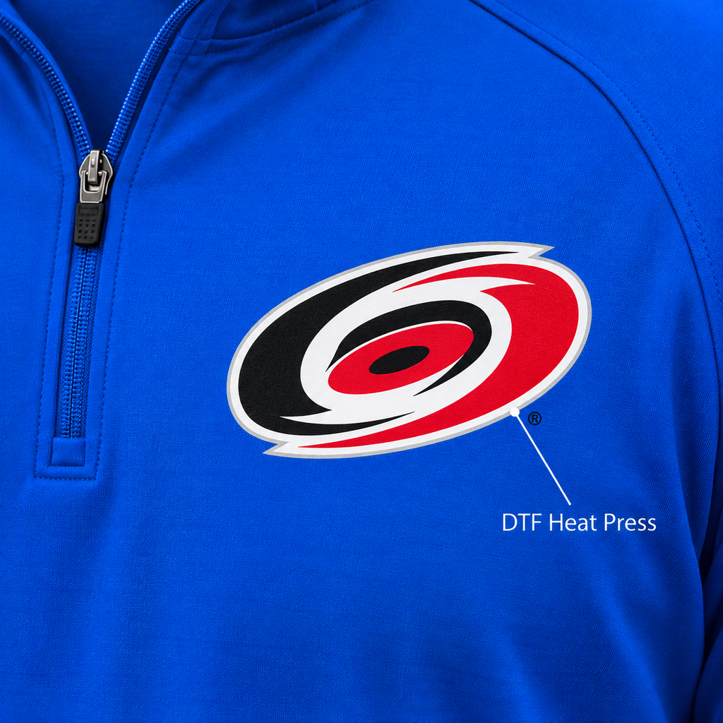 Royal Blue - DTF Heat Press Detail - Carolina Hurricanes Quarter-Zip