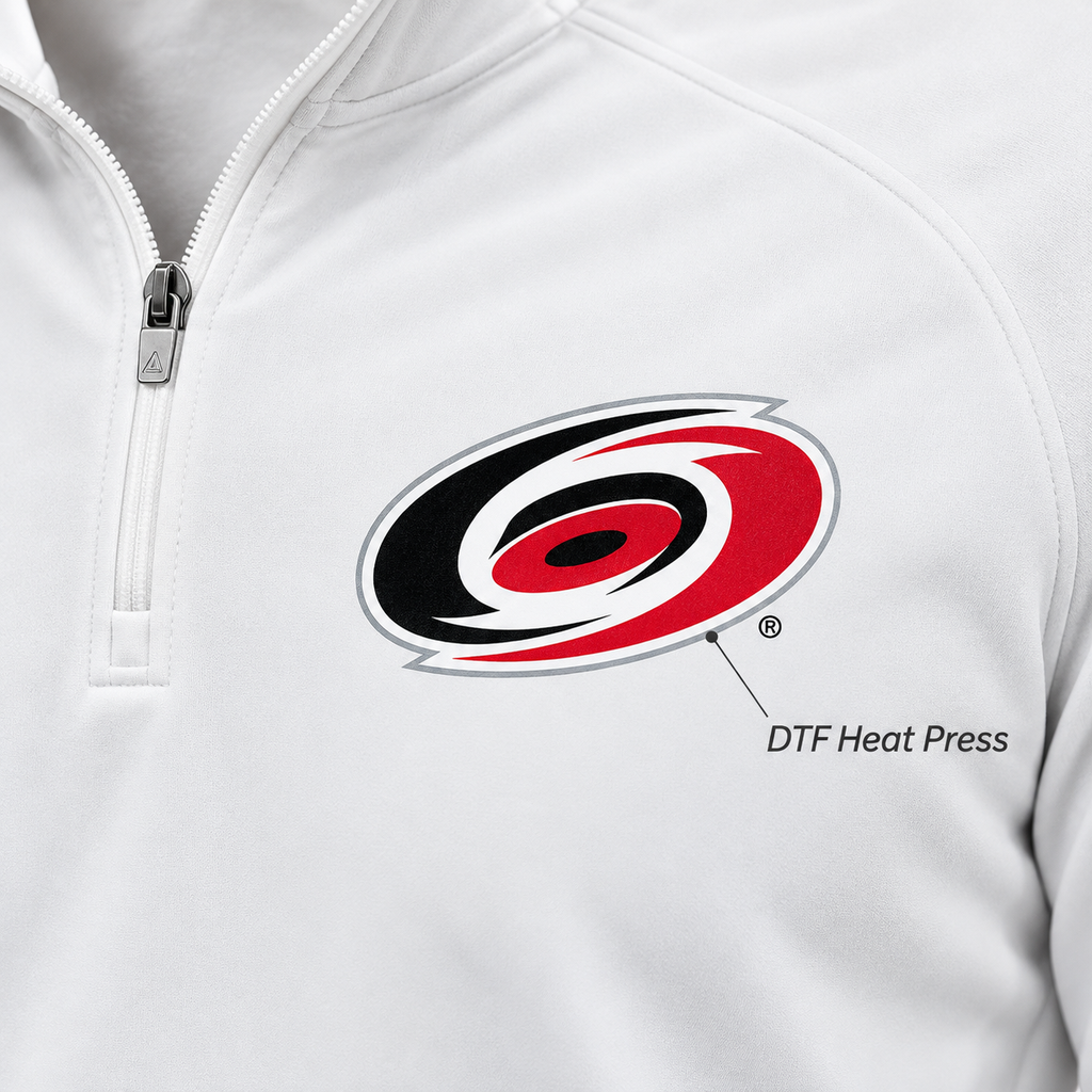 White - DTF Heat Press Detail - Carolina Hurricanes Quarter-Zip
