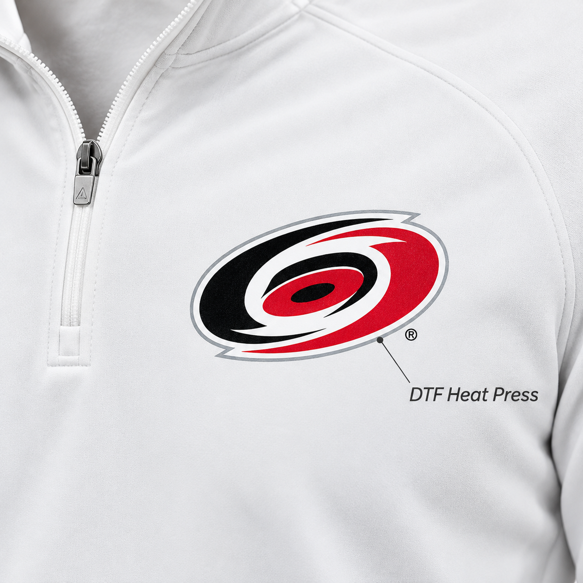 White - DTF Heat Press Detail - Carolina Hurricanes Quarter-Zip