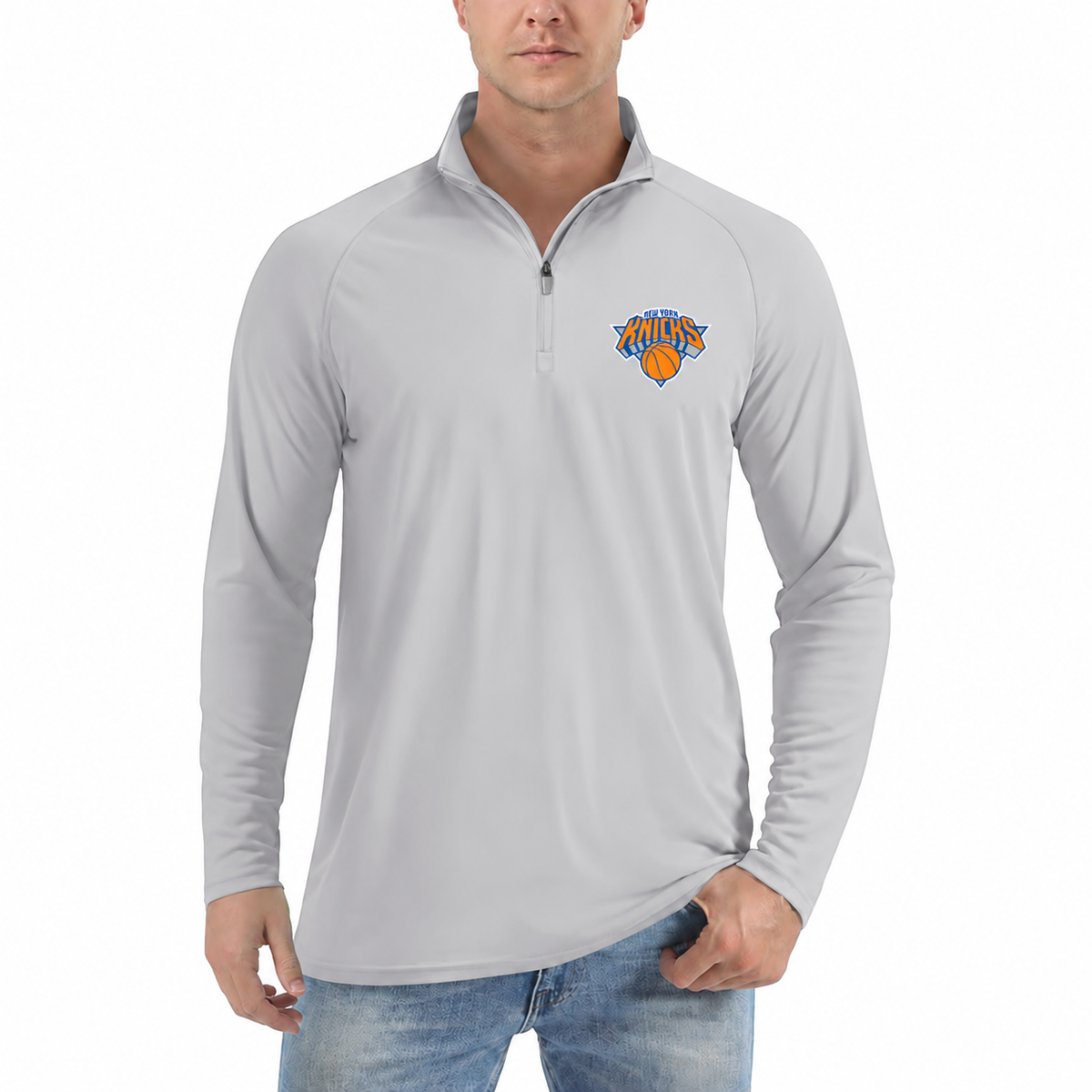 Men's New York Knicks quarter-zip athletic shirt, Light Gray