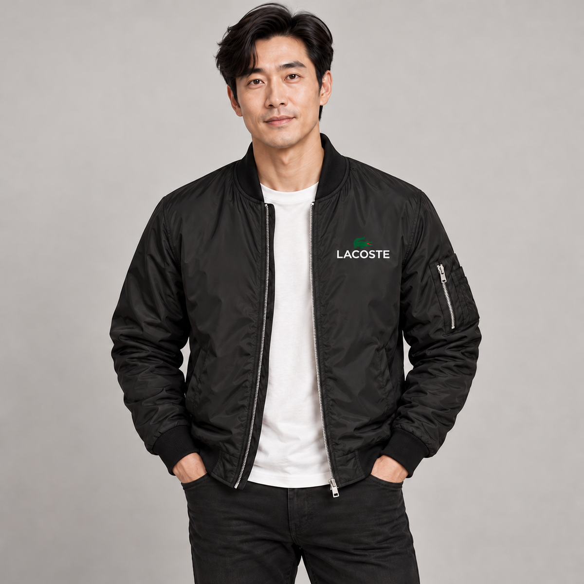 Black - Model View - Men's Lacoste Lightweight Bomber Jacket
