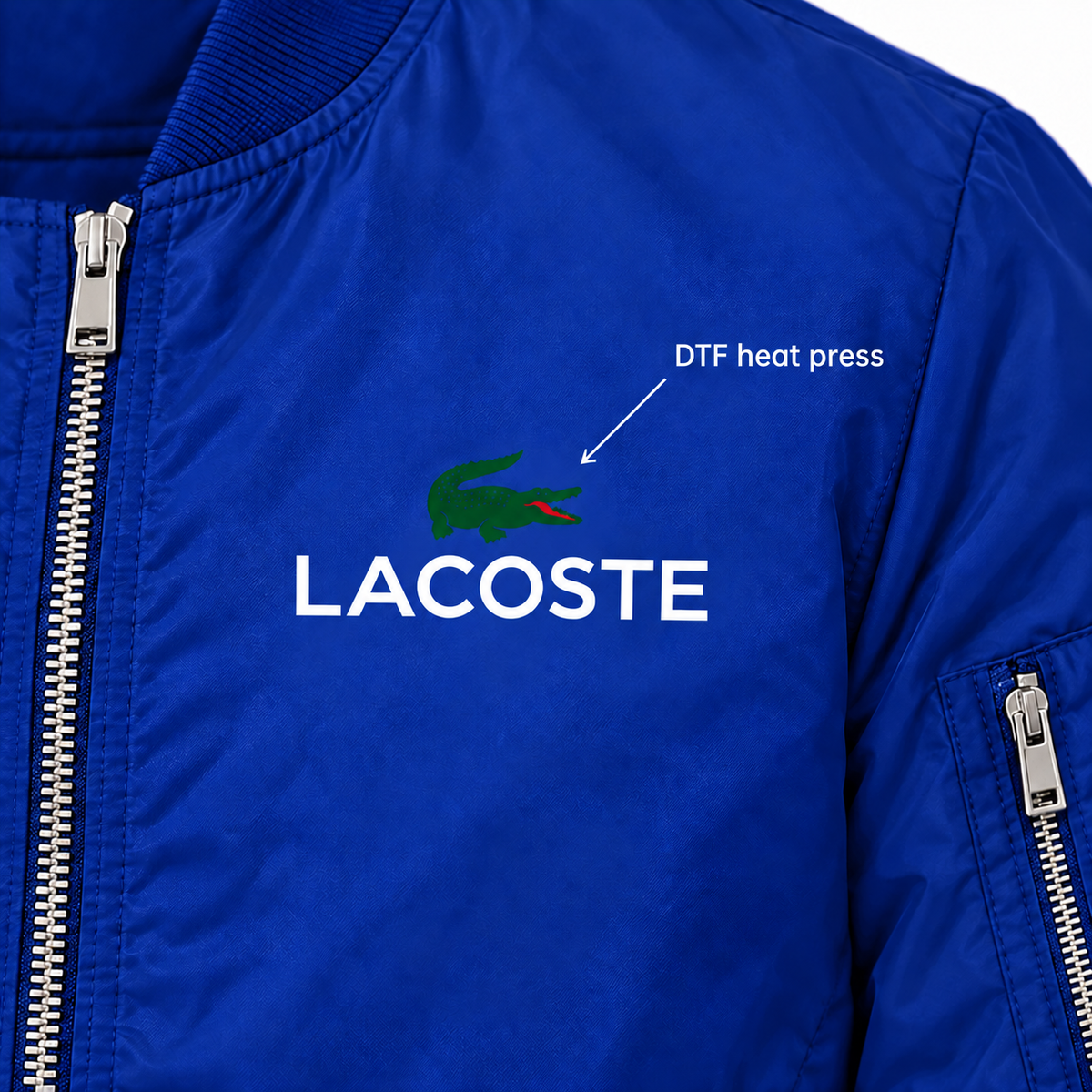 Blue - DTF Heat Press Detail - Men's Lacoste Lightweight Bomber Jacket