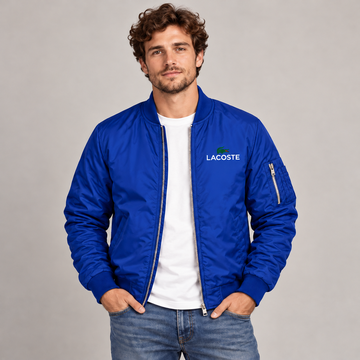 Blue - Model View - Men's Lacoste Lightweight Bomber Jacket