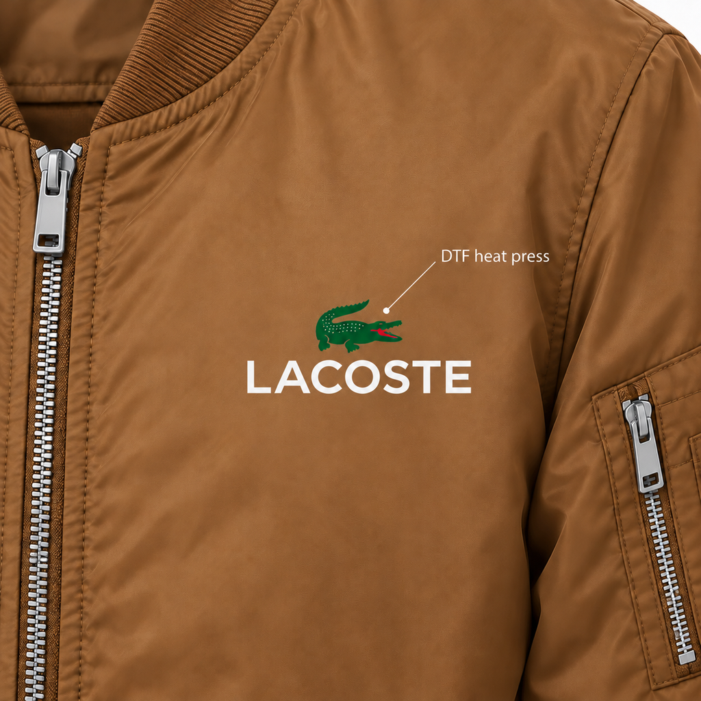 Brown - DTF Heat Press Detail - Men's Lacoste Lightweight Bomber Jacket