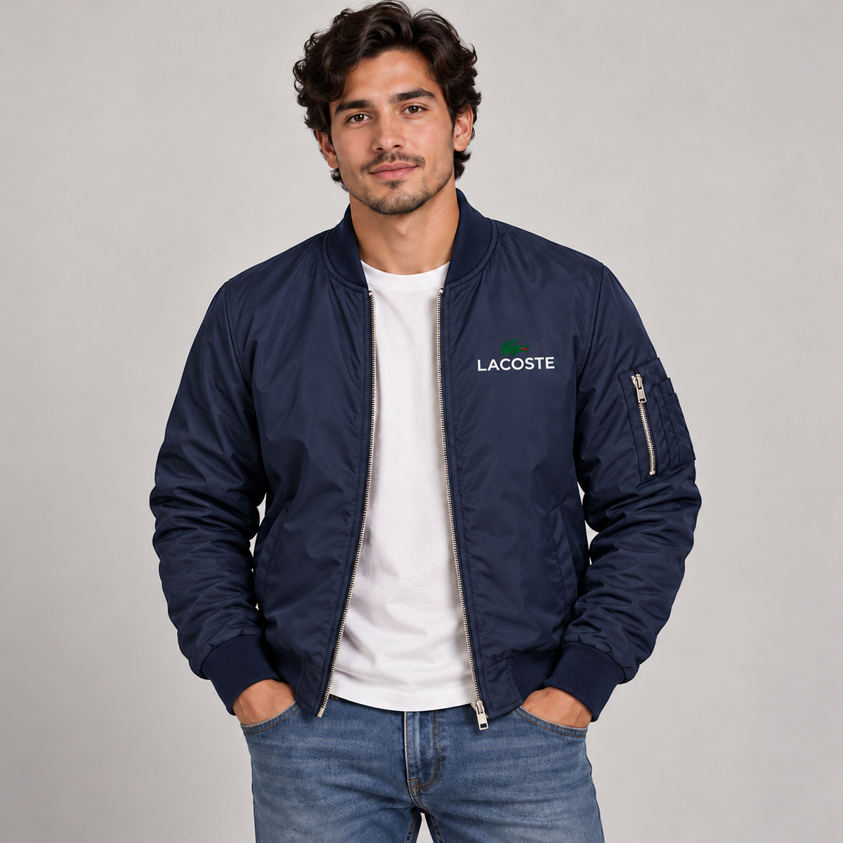 Navy - Model View - Men's Lacoste Lightweight Bomber Jacket