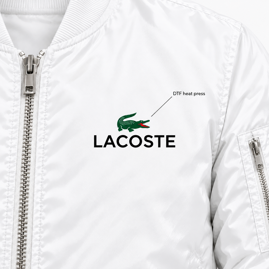 White - DTF Heat Press Detail - Men's Lacoste Lightweight Bomber Jacket