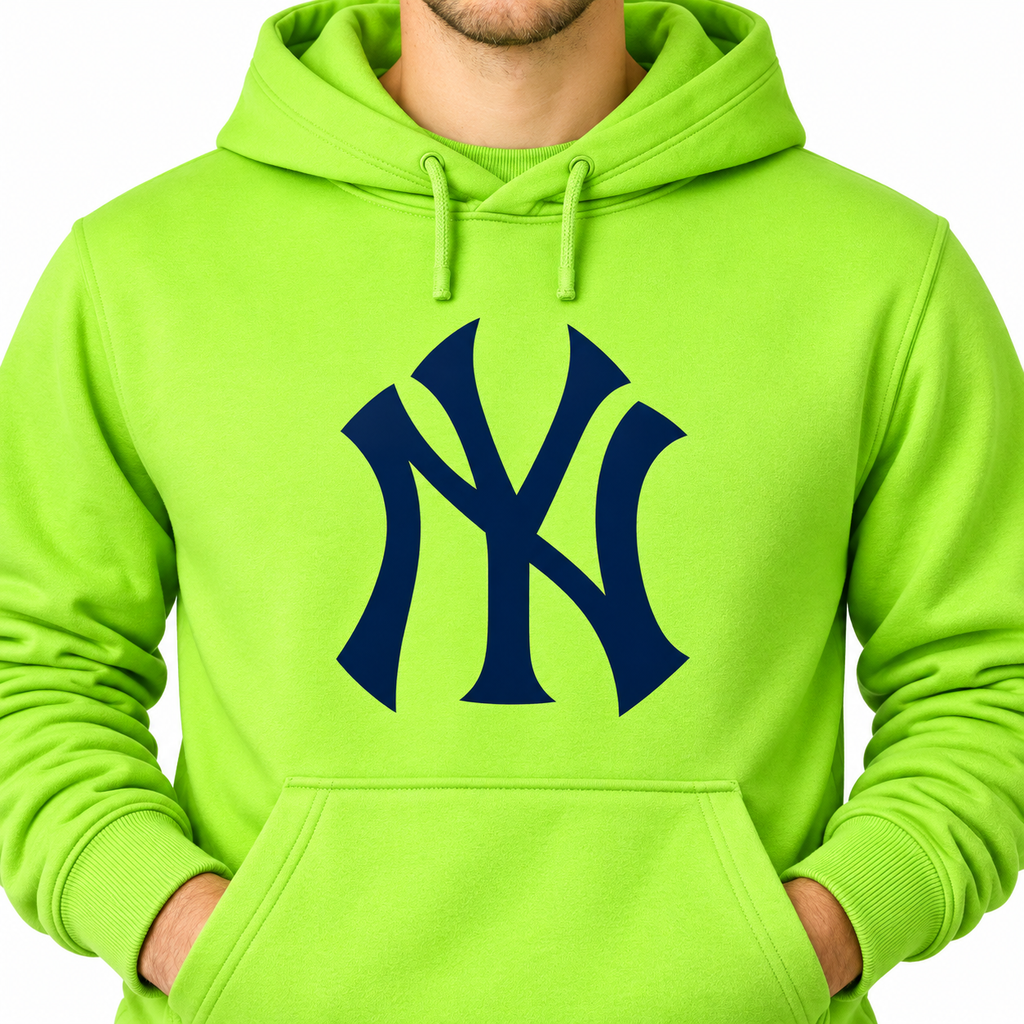 Lime Green New York Yankees pullover hoodie - DTF print close-up