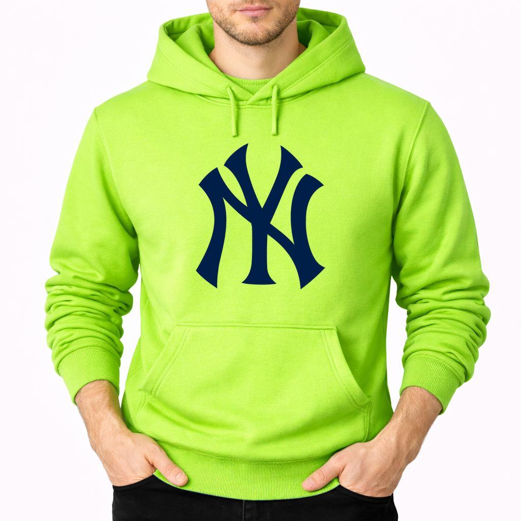 Lime Green New York Yankees pullover hoodie - model wearing view