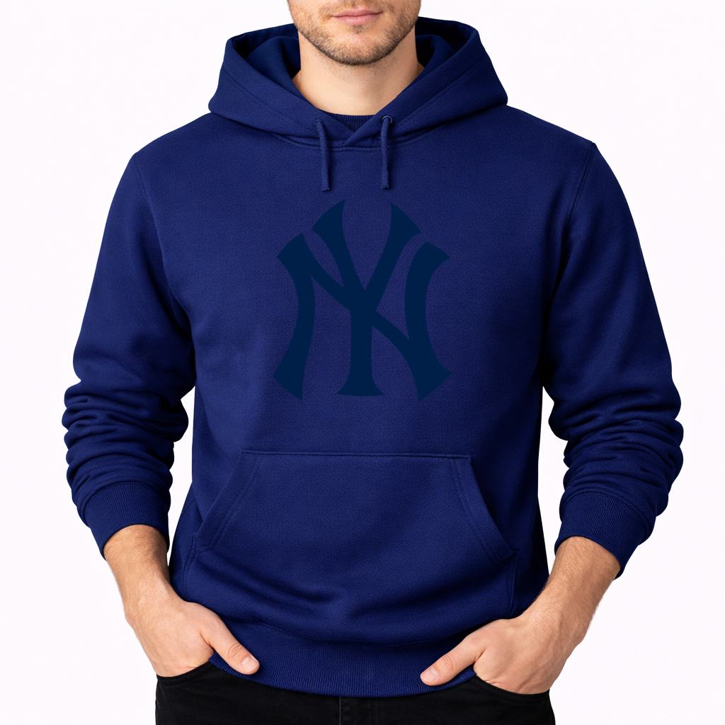 Navy New York Yankees pullover hoodie - model wearing view