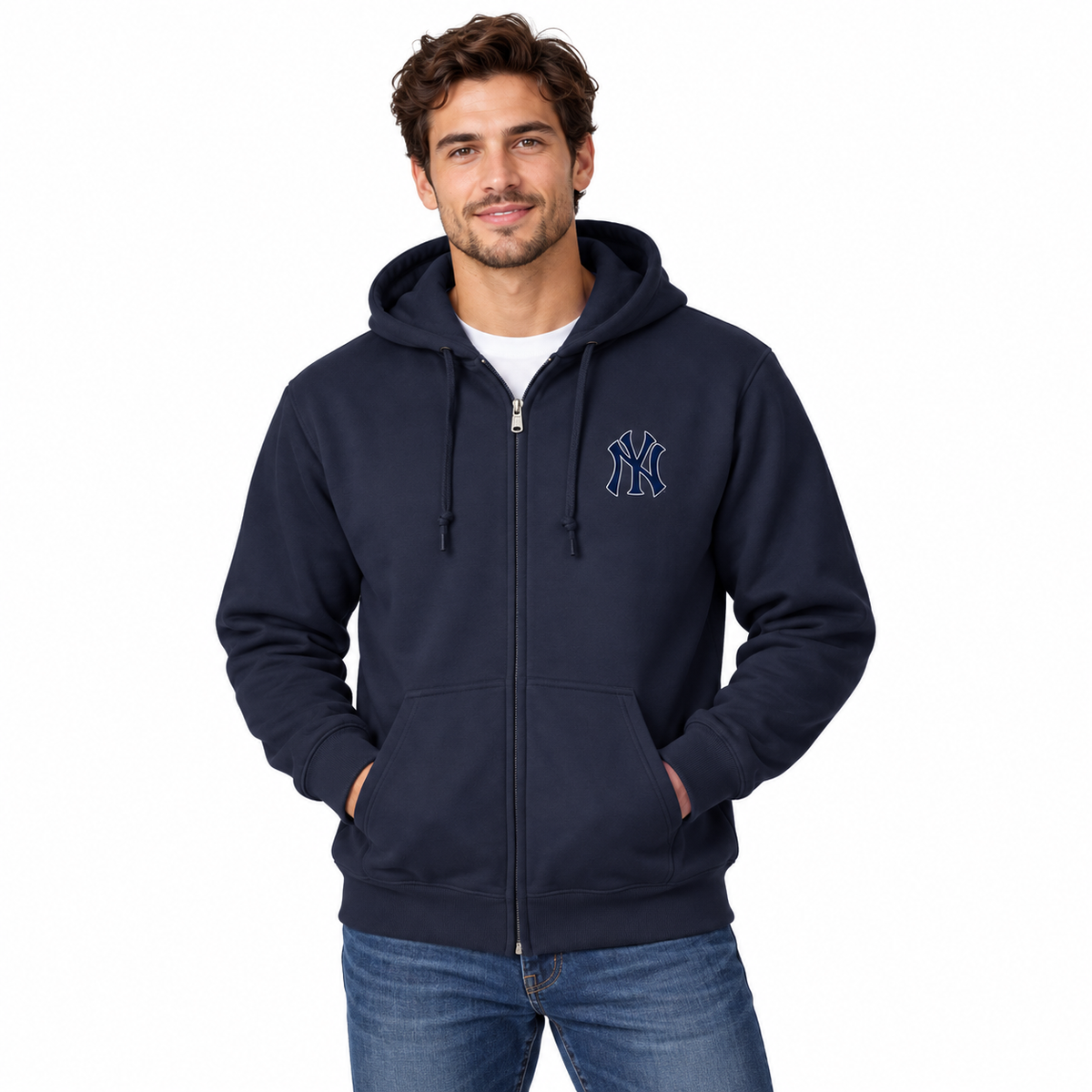 Navy New York Yankees zipper hoodie - model wearing view