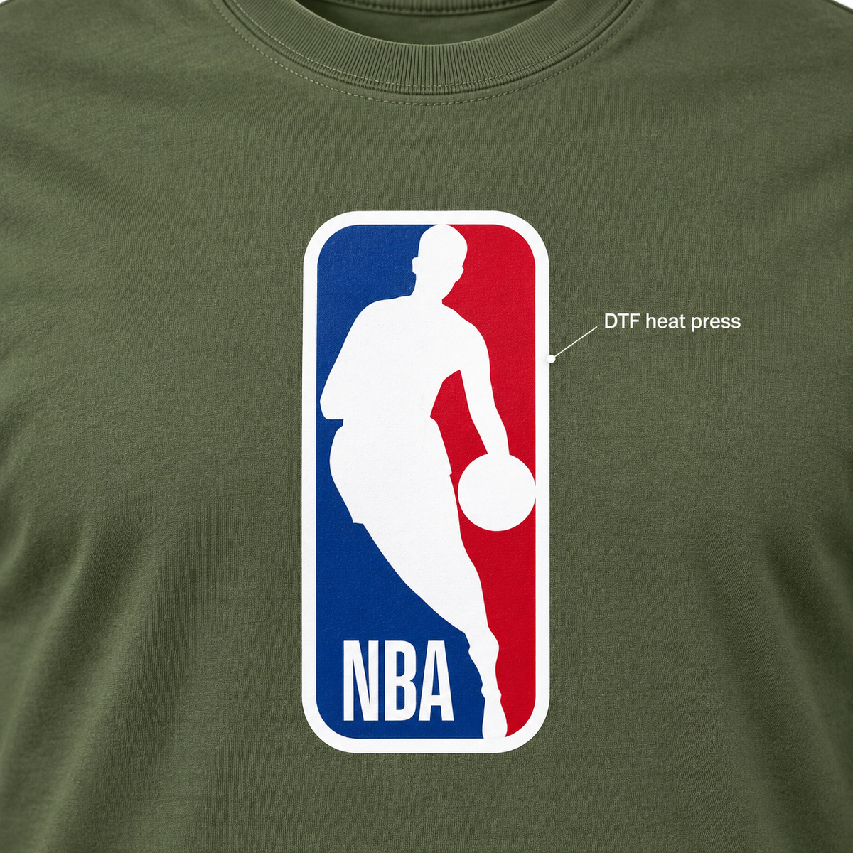 Army Green - DTF Heat Press Detail - Men's NBA Cotton T-Shirt