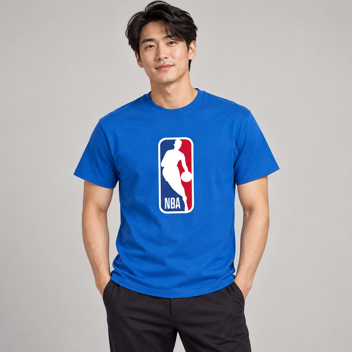 Blue - Model View - Men's NBA Cotton T-Shirt