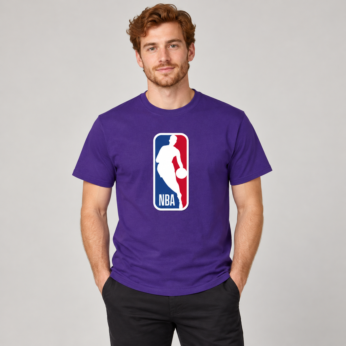 Purple - Model View - Men's NBA Cotton T-Shirt
