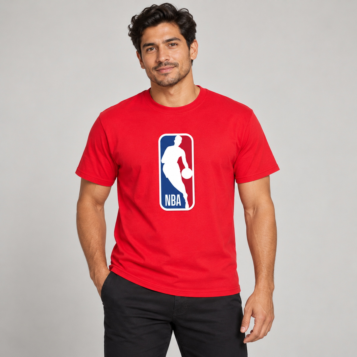 Red - Model View - Men's NBA Cotton T-Shirt