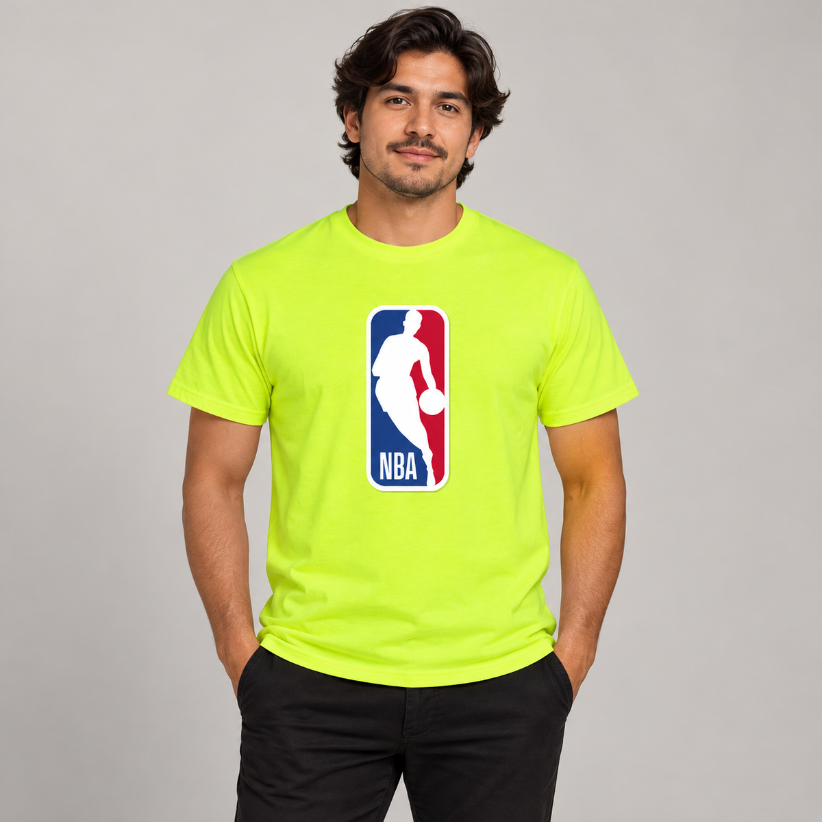 Safety Green - Model View - Men's NBA Cotton T-Shirt