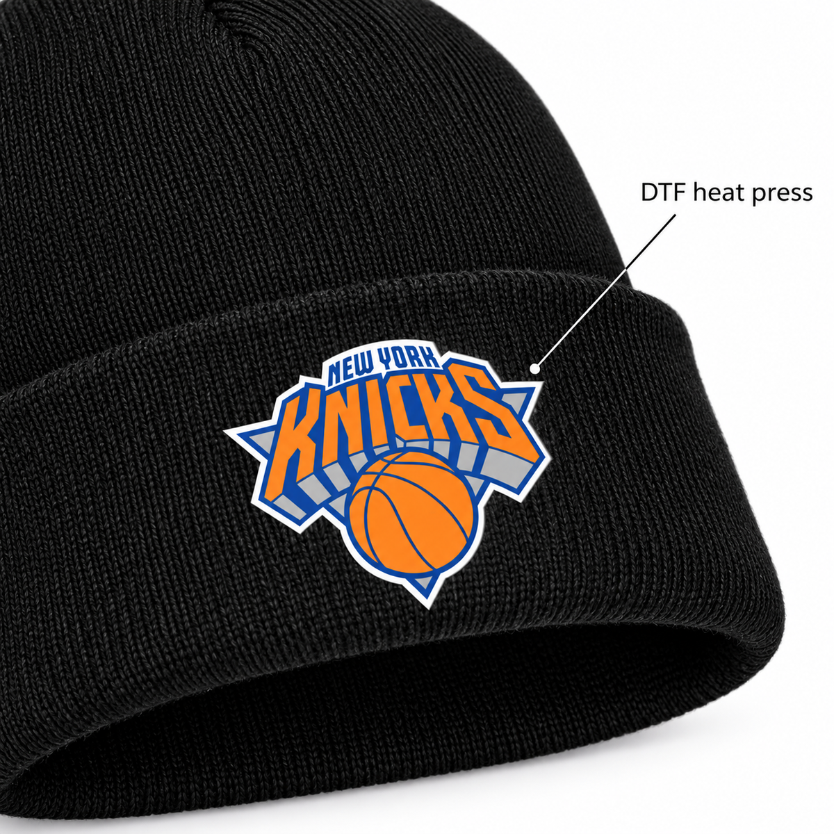 Black - DTF Heat Press Detail - New York Knicks Beanie Hat