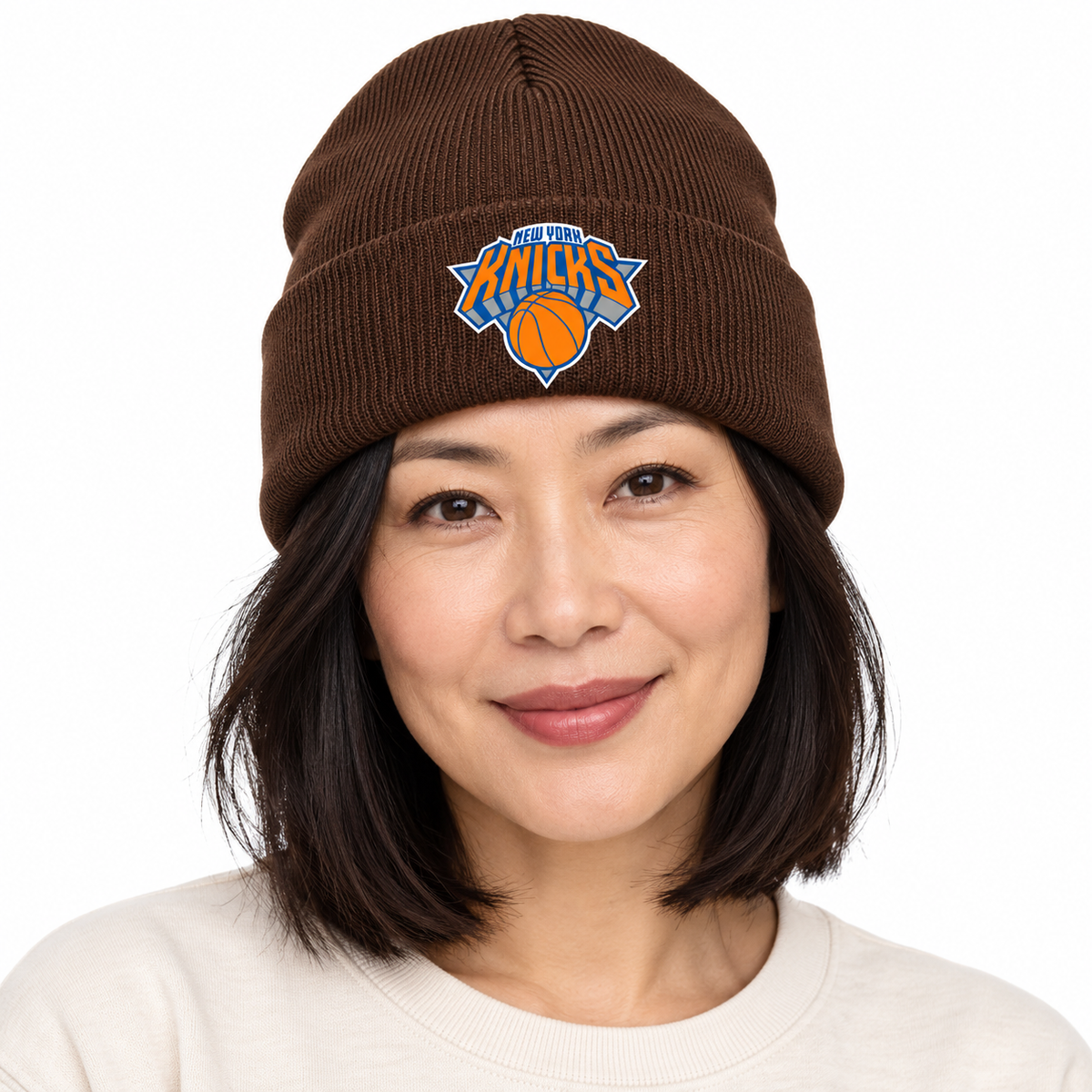 Brown - Model View - New York Knicks Beanie Hat