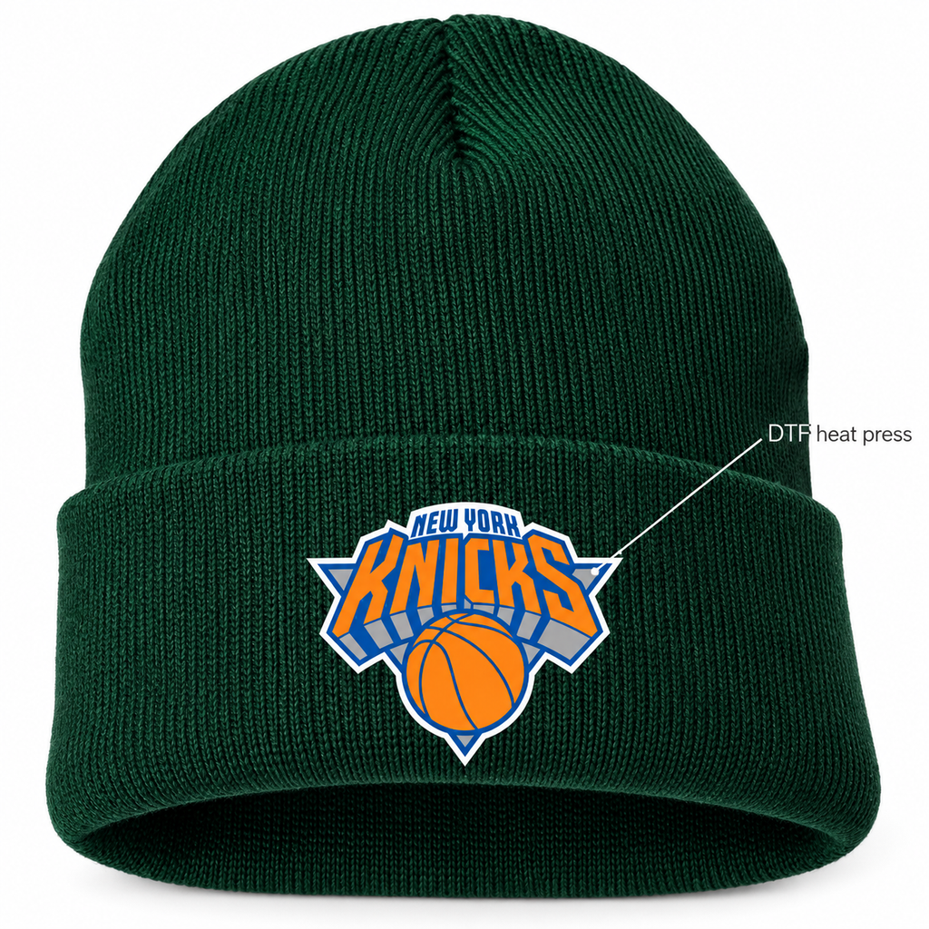 Forest Green - DTF Heat Press Detail - New York Knicks Beanie Hat