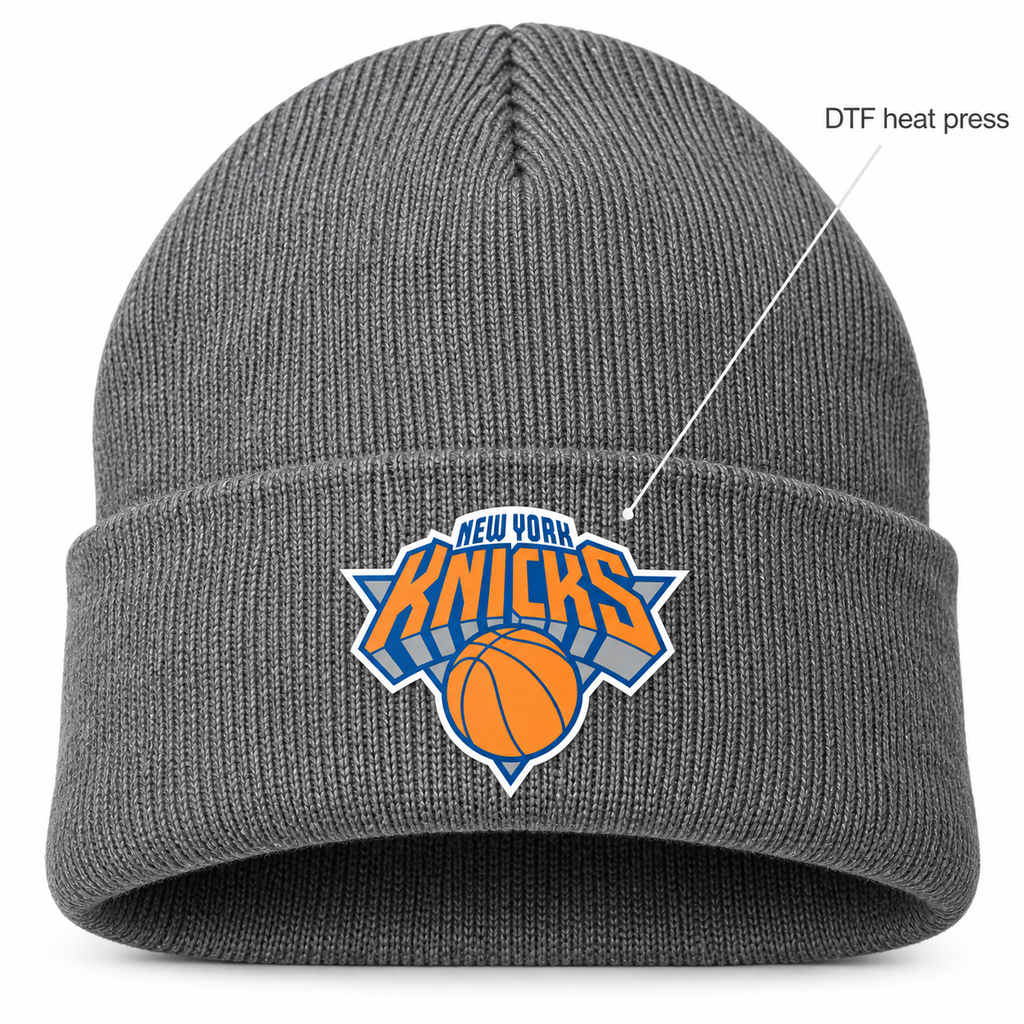 Grey - DTF Heat Press Detail - New York Knicks Beanie Hat