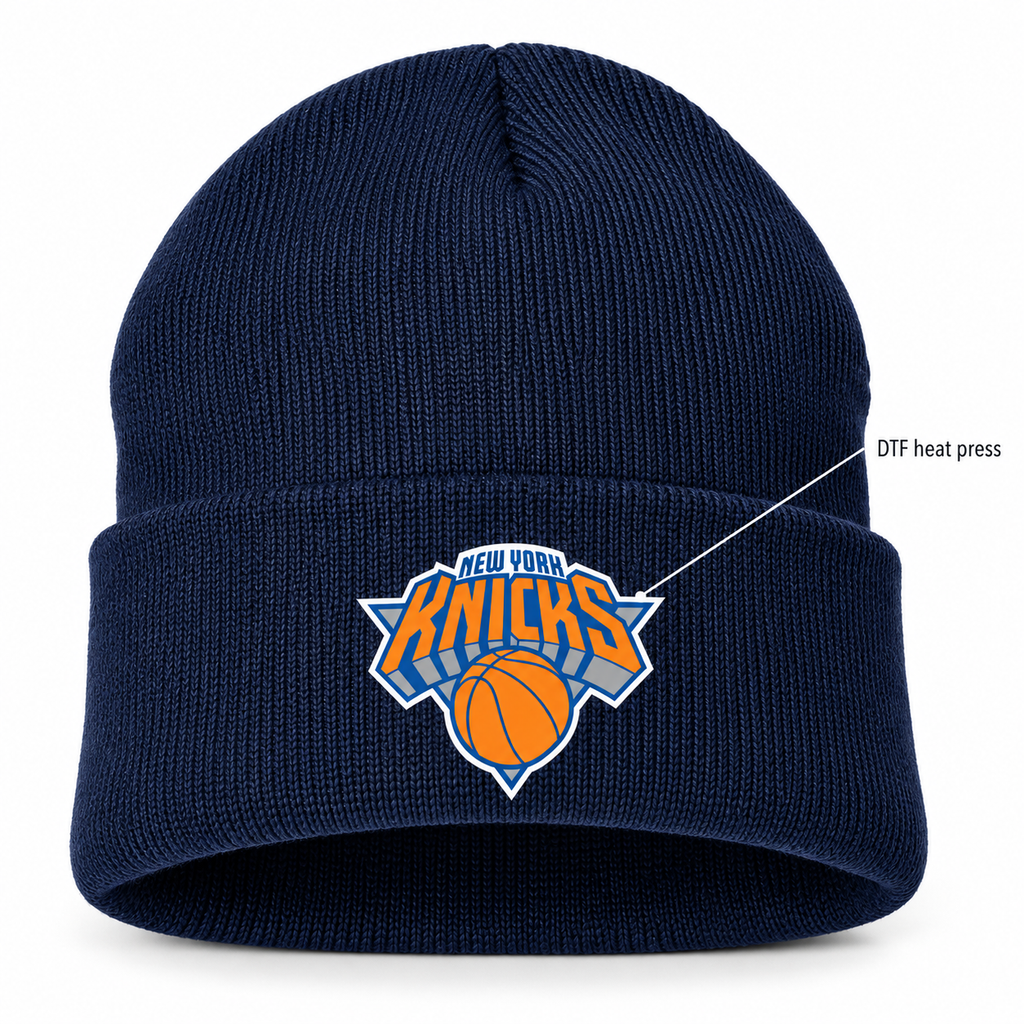 Navy - DTF Heat Press Detail - New York Knicks Beanie Hat