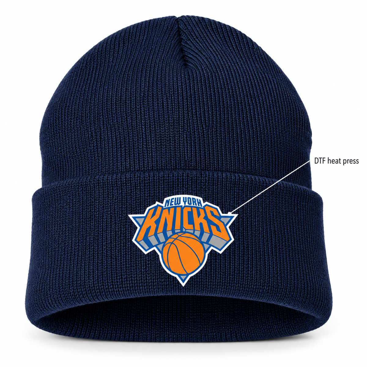 Navy - DTF Heat Press Detail - New York Knicks Beanie Hat