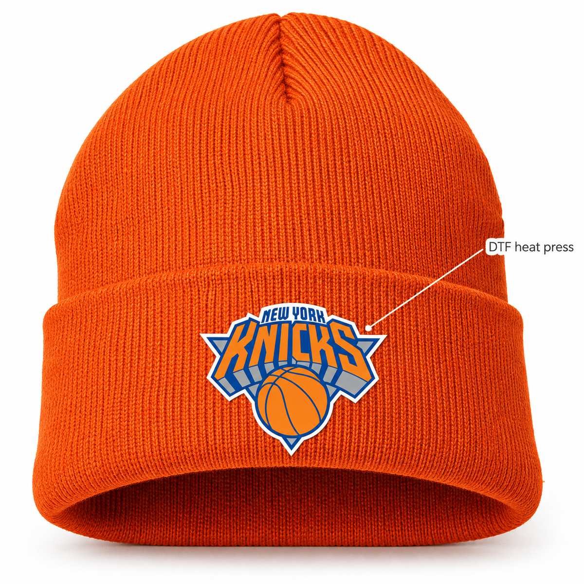 Orange - DTF Heat Press Detail - New York Knicks Beanie Hat